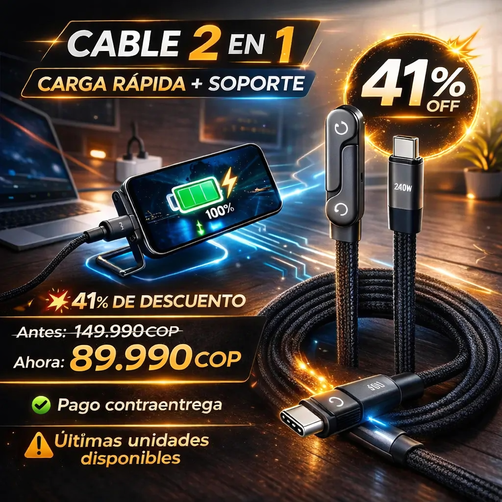 Cable De Carga Ultra Rápida Con Soporte Invisible 2 en 1